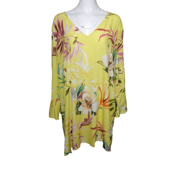 Marina Rinaldi Persona Size US 22 Tunic Dress Hibiscus Print Shift Yellow Artsy - Picture 8 of 8